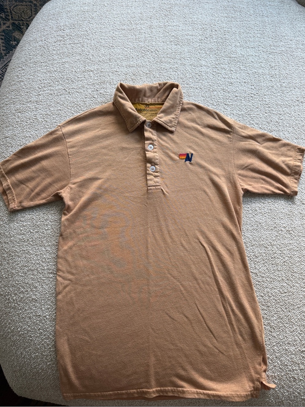 Aviator Nation Men's Short Sleeve Polo in Light Tan with Navy & Multicolor Logo